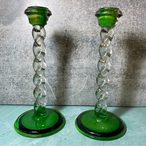 Vintage barley twist glass candlestick holders SET green and black detail MCM - Picture 1 of 5